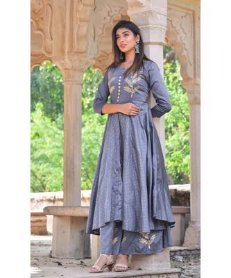 grey hand print silk kurta sets 1