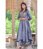 grey hand print silk kurta sets