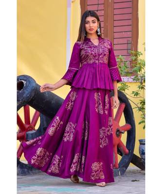 purple hand print silk kurtis 1