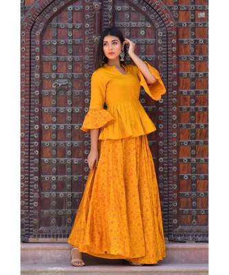 mustard hand print silk kurtis 1