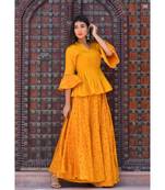 mustard hand print silk kurtis