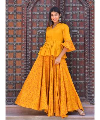 mustard hand print silk kurtis 2