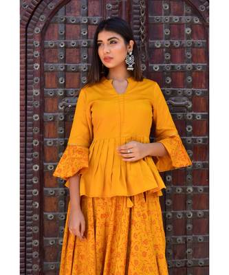 mustard hand print silk kurtis 3