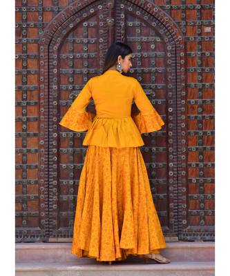 mustard hand print silk kurtis 4