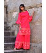 peach hand print silk kurta sets