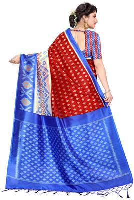 Red woven art silk saree with blouse 4