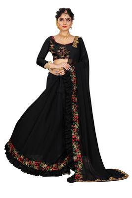 Black embroidered georgette saree with blouse 4