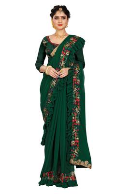 Green embroidered georgette saree with blouse 1