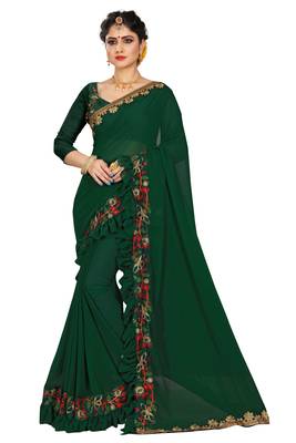 Green embroidered georgette saree with blouse 2