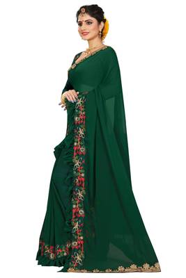 Green embroidered georgette saree with blouse 3