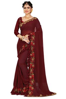 Maroon embroidered georgette saree with blouse 1