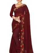 Maroon embroidered georgette saree with blouse