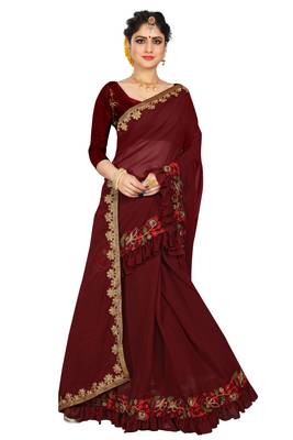 Maroon embroidered georgette saree with blouse 3