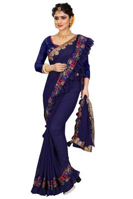 Blue embroidered georgette saree with blouse 1