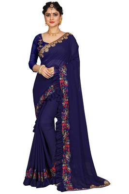 Blue embroidered georgette saree with blouse 2