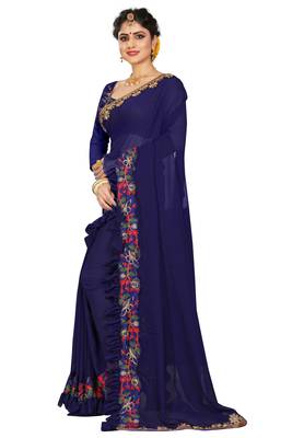 Blue embroidered georgette saree with blouse 3