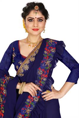 Blue embroidered georgette saree with blouse 4