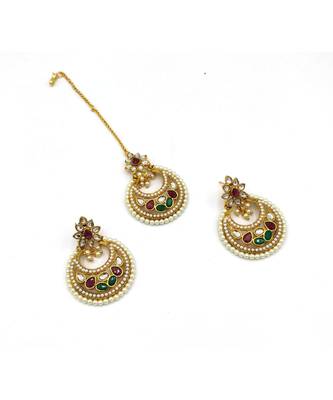 Gold Plated Multicolour Stone Studded Designer Mang Tikka & Earring Set 1
