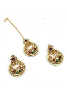 Gold Plated Multicolour Stone Studded Designer Mang Tikka & Earring Set