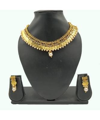Gold Plated Brass Laxmi Coin Choker Necklace Set for Women and Girls 1