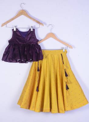 Girl Bit Cotton Silk  Top And Yellow Lahenga For Kids 1