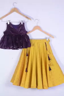 Girl Bit Cotton Silk  Top And Yellow Lahenga For Kids