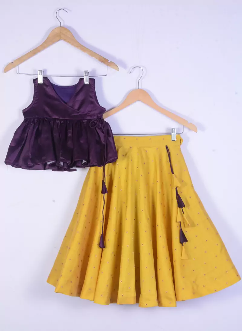 Girl Bit Cotton Silk  Top And Yellow Lahenga For Kids