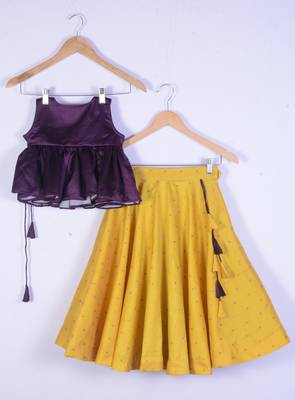 Girl Bit Cotton Silk  Top And Yellow Lahenga For Kids 2