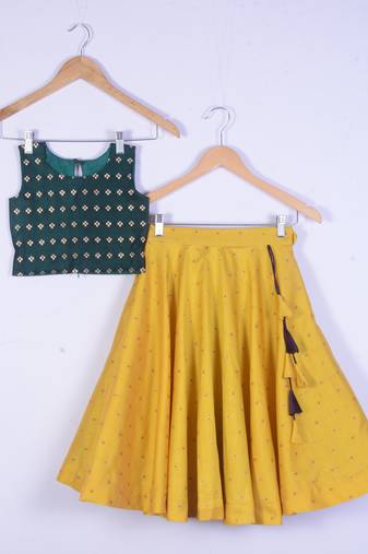 Girl Green Blouse And Yellow Lahenga Choli Set For Kids