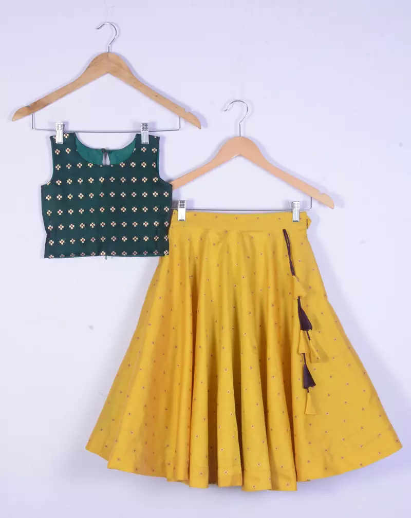 Girl Green Blouse And Yellow Lahenga Choli Set For Kids