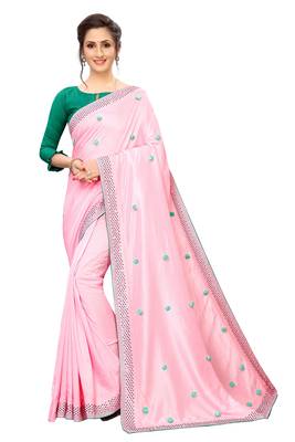 Pink embroidered art silk saree with blouse 1