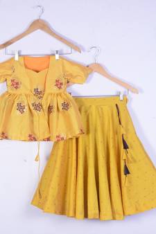 Girls Brocade Silk Yellow Lahenga Choli Set
