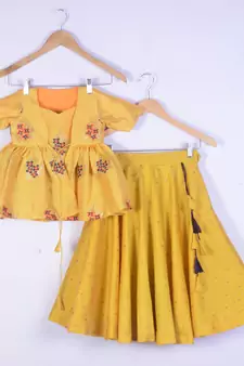 Girls Brocade Silk Yellow Lahenga Choli Set