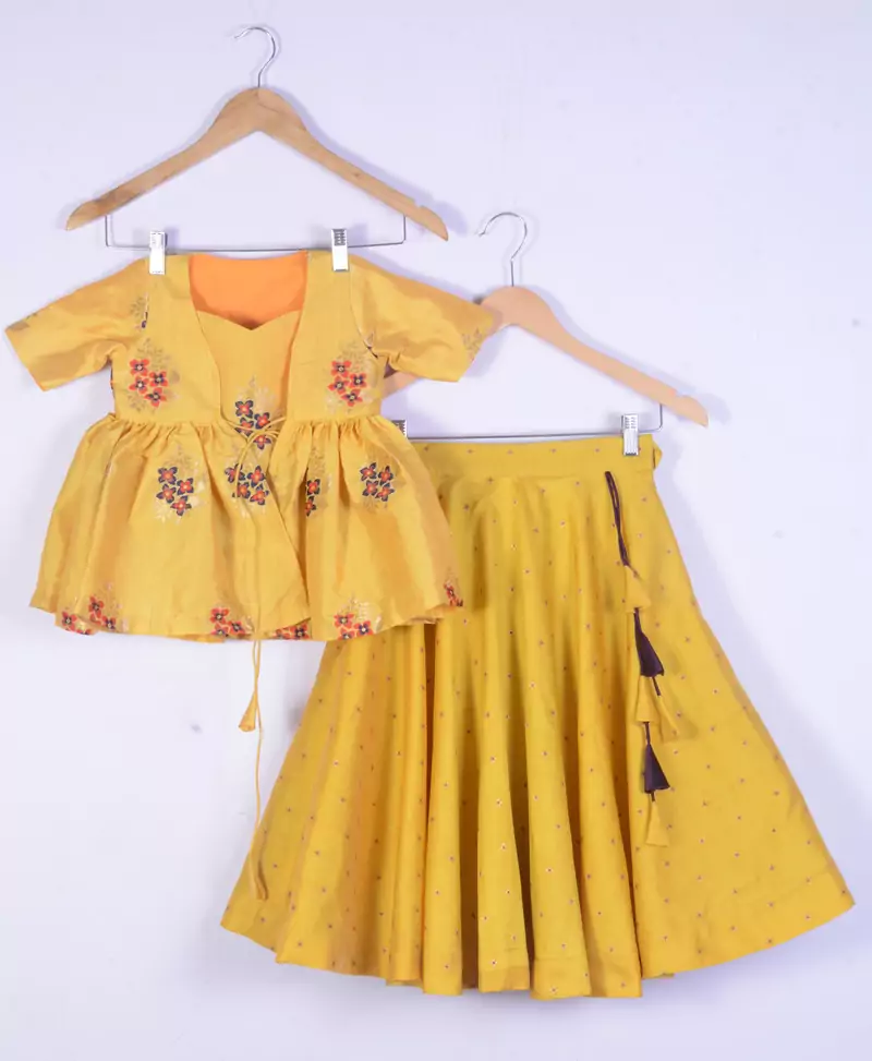 Girls Brocade Silk Yellow Lahenga Choli Set