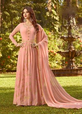 Peach Faux Georgette Anarkali Salwar Kameez Semi Stitched 1
