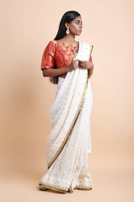 White Chikankari Saree With Blouse 1