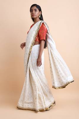 White Chikankari Saree With Blouse 2