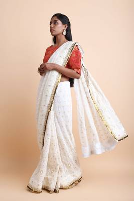 White Chikankari Saree With Blouse 3