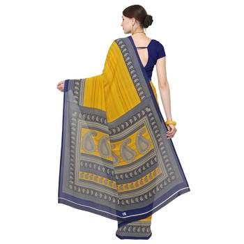 Yellow printed georgette saree with blouse 2