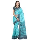 Turquoise printed crepe saree with blouse