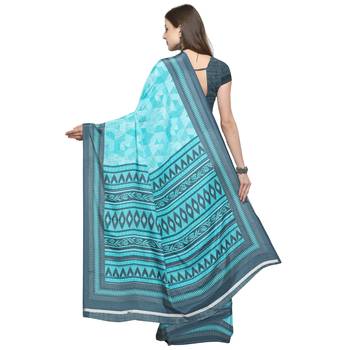 Turquoise printed crepe saree with blouse 2
