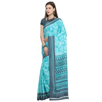 Turquoise printed crepe saree with blouse 3