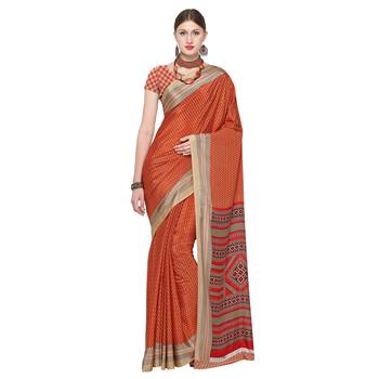 Orange printed crepe saree with blouse 1