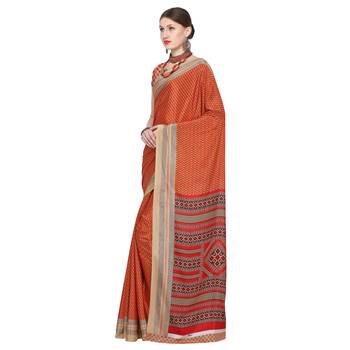 Orange printed crepe saree with blouse 3