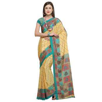 Yellow printed crepe saree with blouse 1