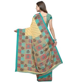 Yellow printed crepe saree with blouse 2