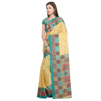Yellow printed crepe saree with blouse 3