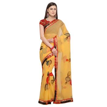 Yellow printed georgette saree with blouse 1