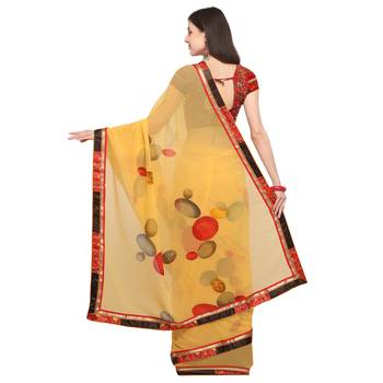 Yellow printed georgette saree with blouse 2