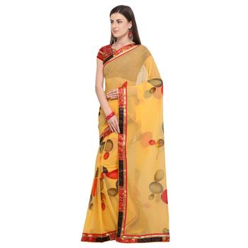 Yellow printed georgette saree with blouse 3